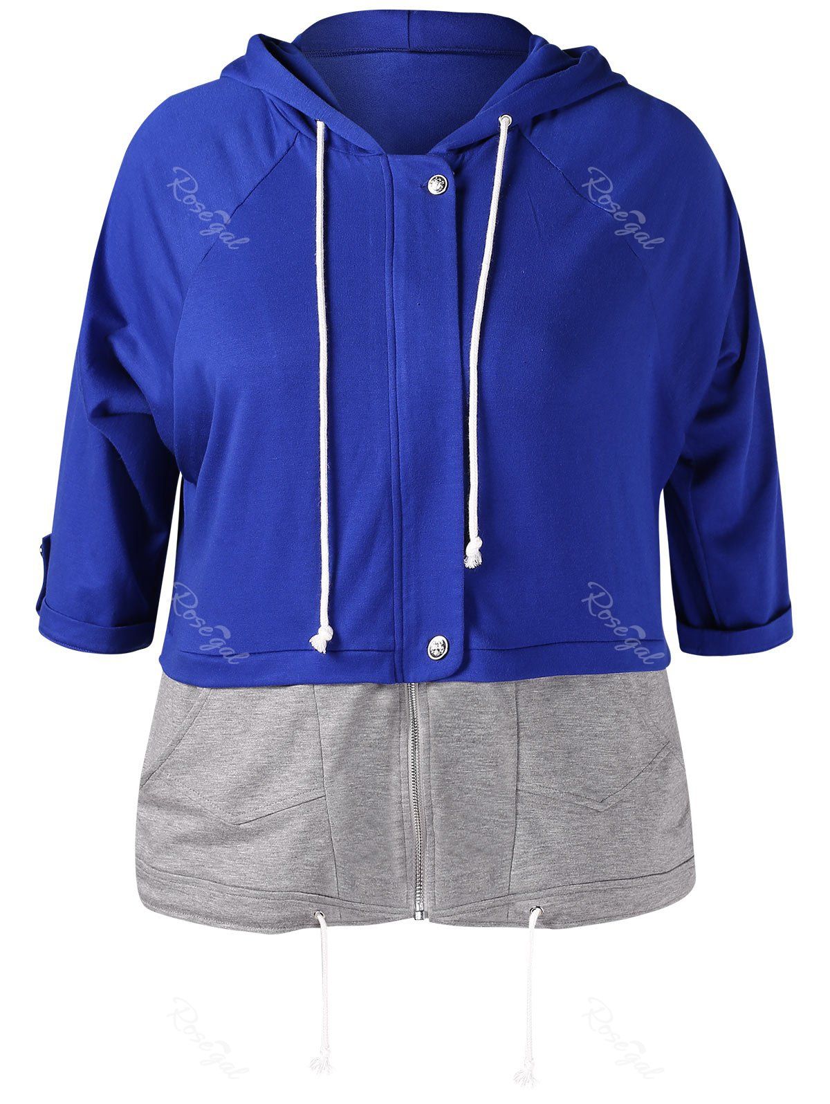 

Plus Size Drawstring Color Block Zip Up Hoodie, Blue