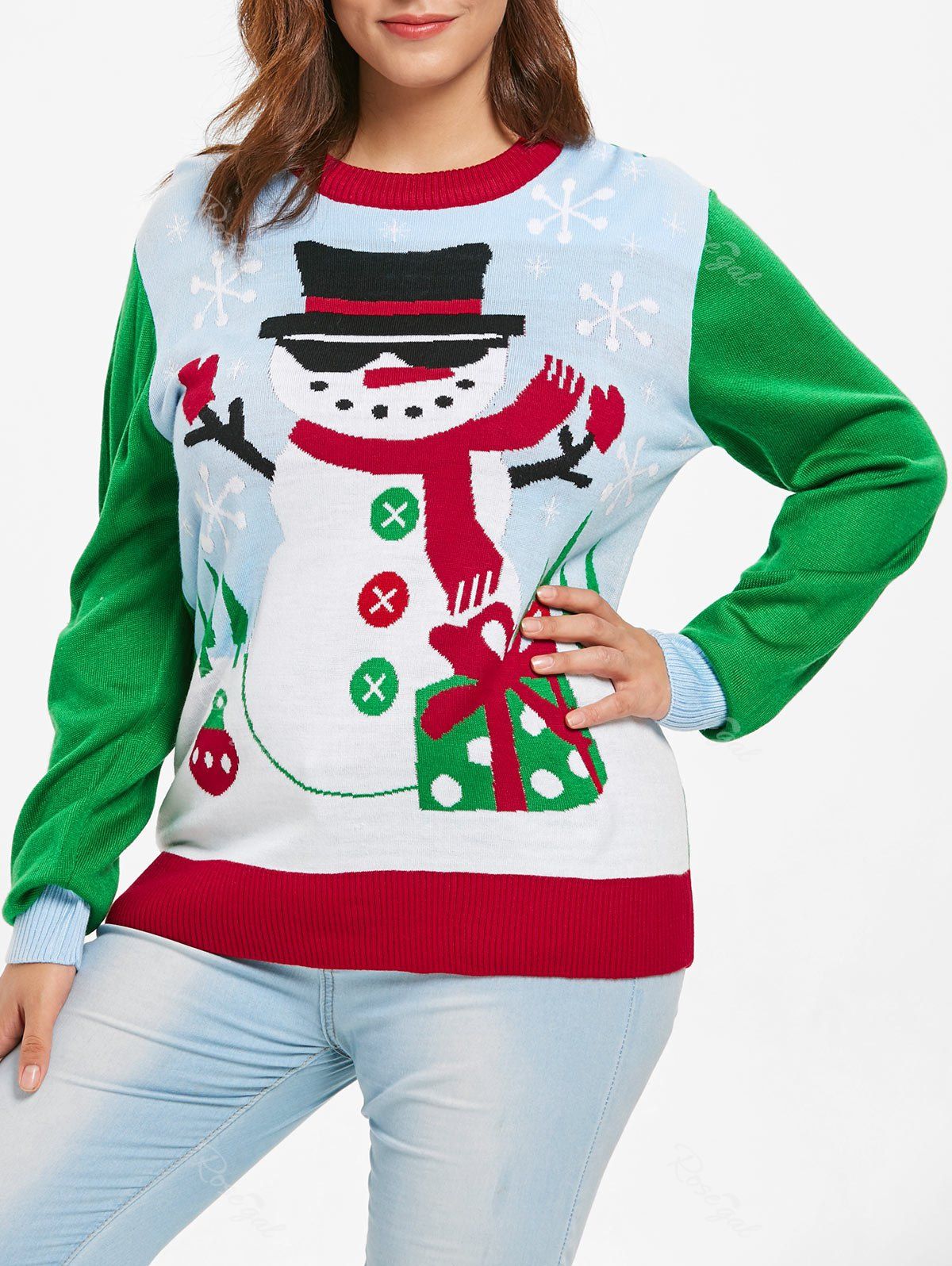 

Christmas Color Block Plus Size Snowman Print Sweater, Green