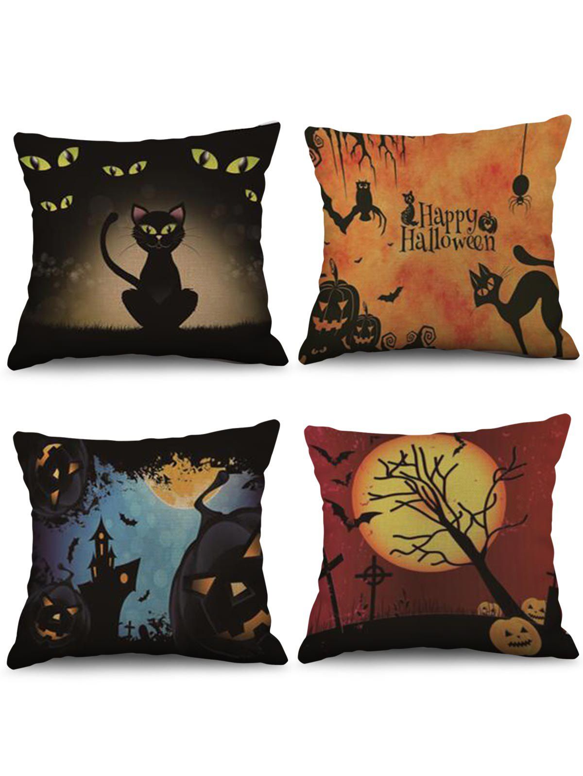 

4 Pcs Halloween Theme Print Decorative Linen Pillowcases, Multi