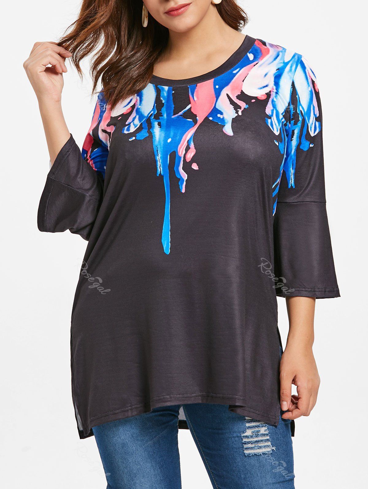 

Plus Size Side Slit Graphic Tunic Tee, Black