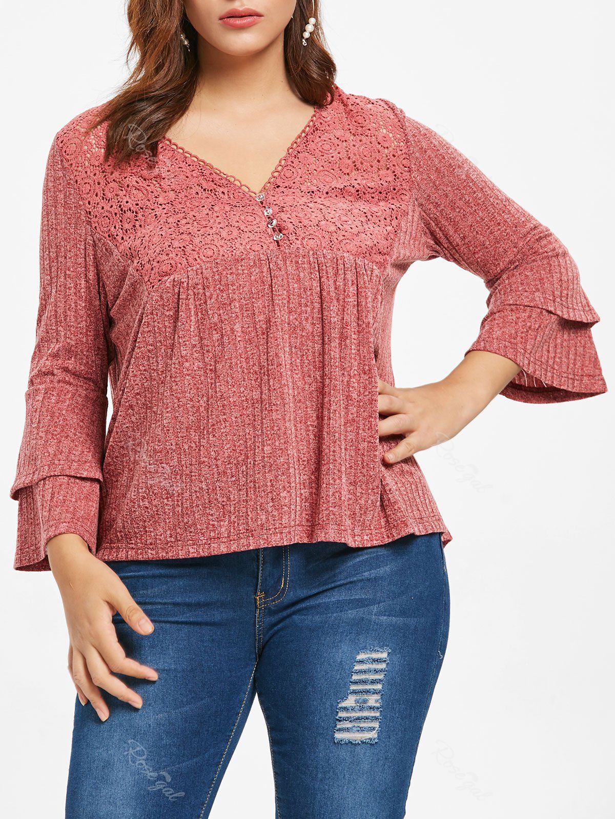 

Plus Size Lace Panel Space Dyed T-shirt, Light coral