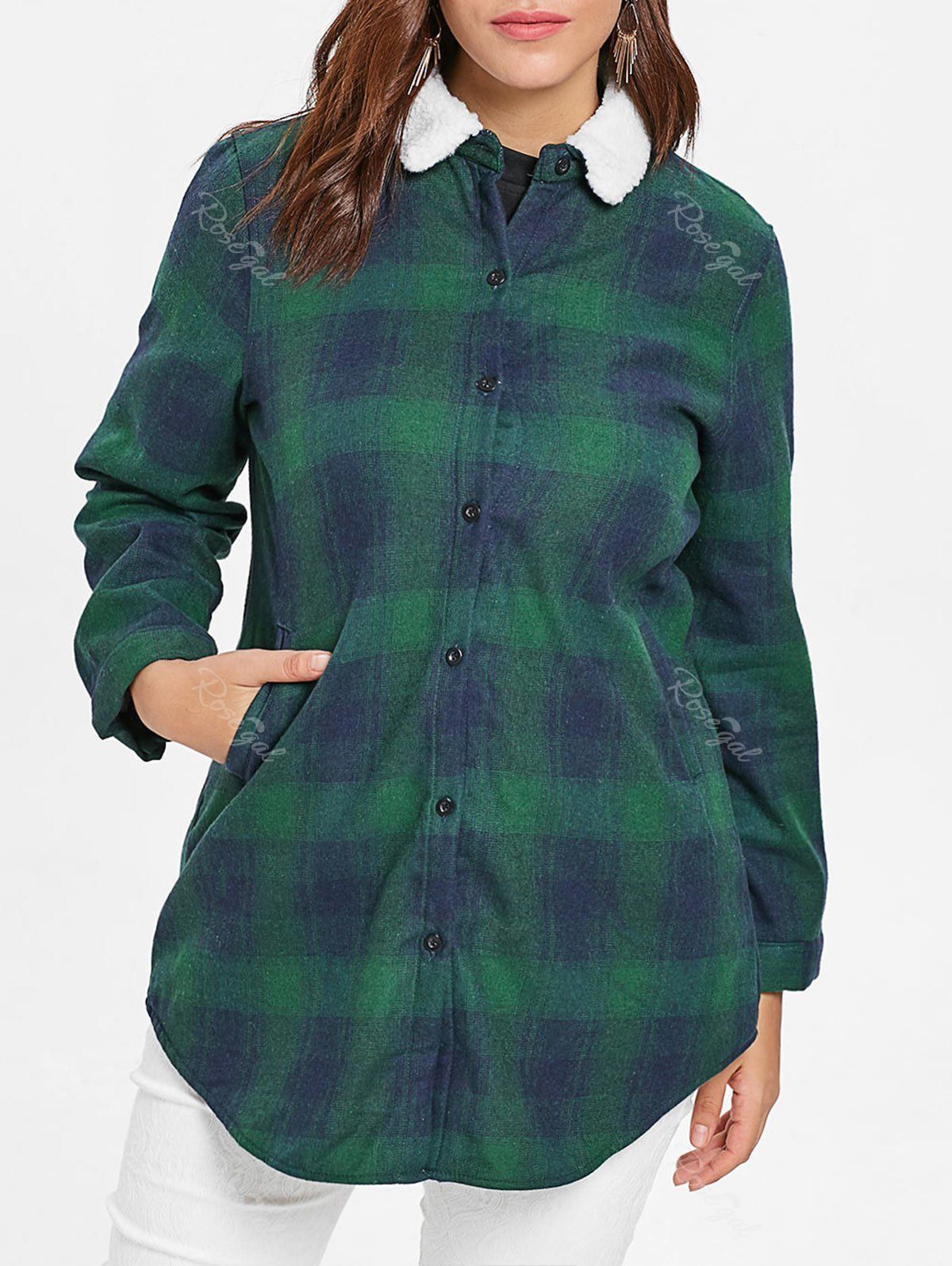 

Plus Size Fleece Plaid Coat, Medium sea green