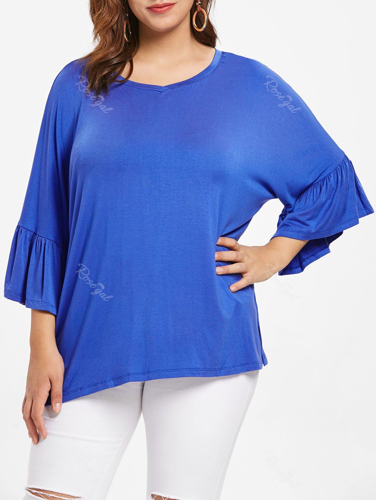 

Plus Size Flare Sleeve V Neck T-shirt, Blue