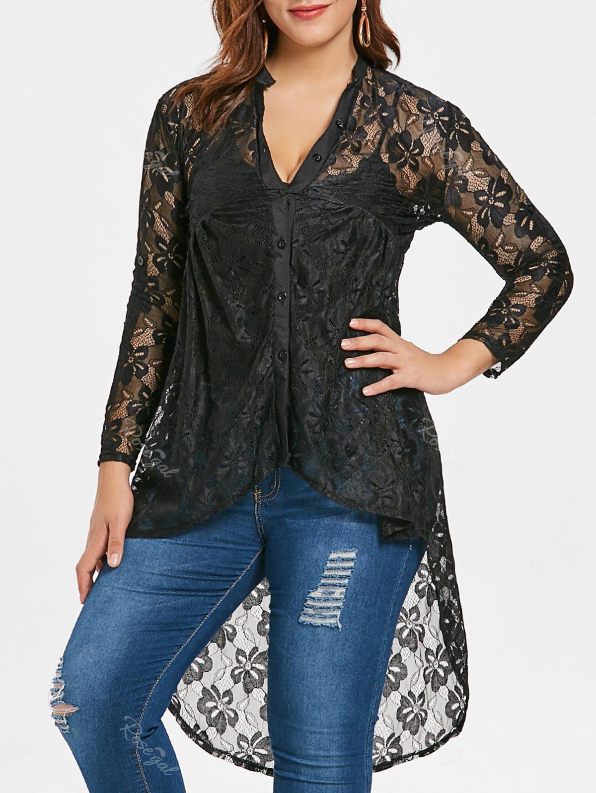 [29 OFF] Plus Size Button Up High Low Lace Blouse Rosegal