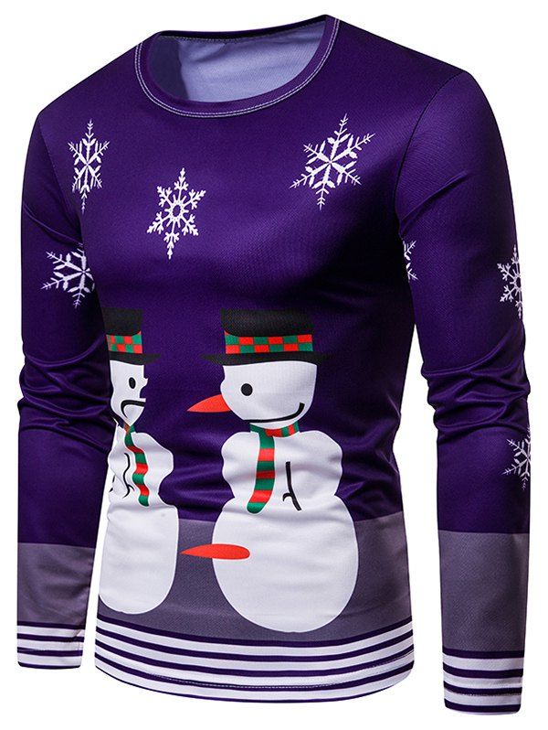 

Snowman Christmas 3D Print Stripe Trim Long Sleeves Tee, Purple