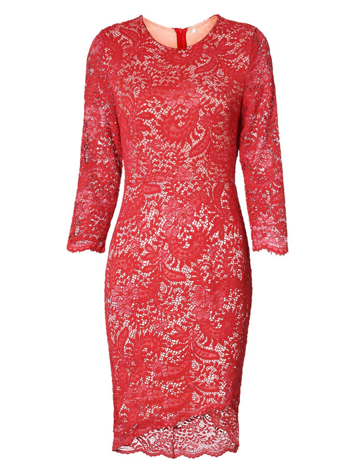 

High Low Bodycon Lace Dress, Red