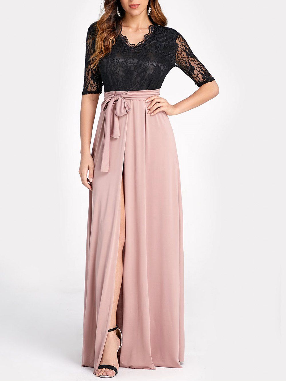 

Lace Insert High Split Maxi Dress, Rose