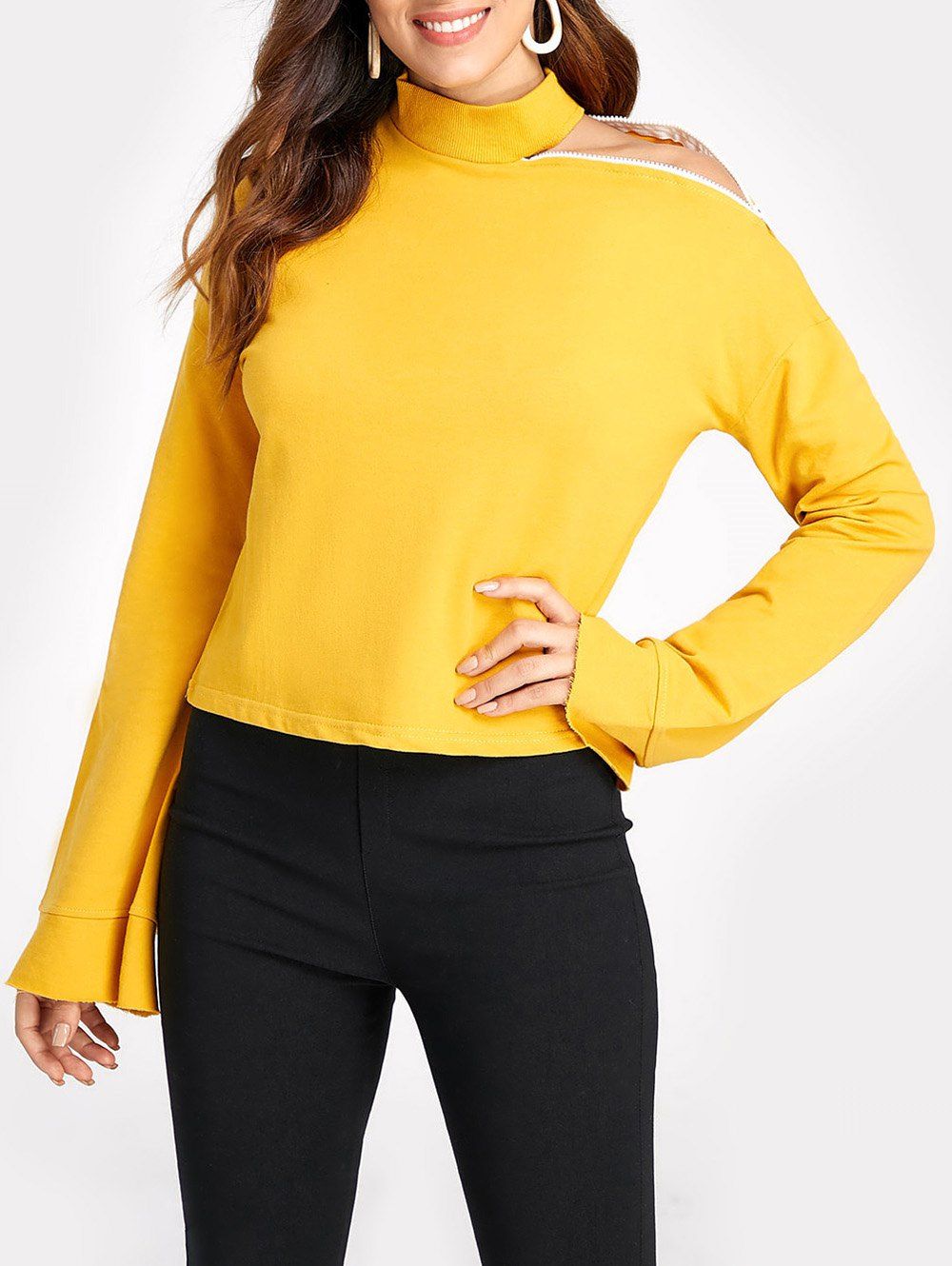 

Stand Collar Cold Shoulder Sweatshirt, Yellow