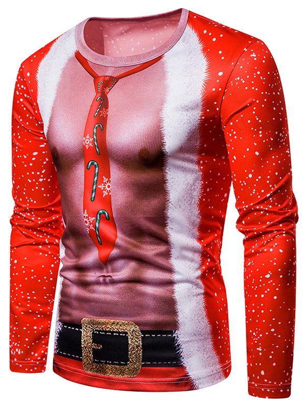 

3D Male Body Printed Long Sleeves Tee, Red