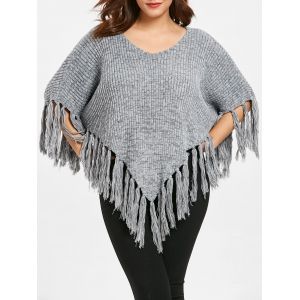 

Fringe Hem Plus Size Asymmetrical Pullover Sweater, Light gray