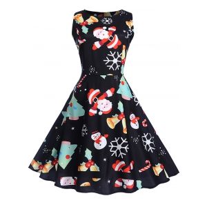 

Vintage Christmas Printed High Waist Dress, Black