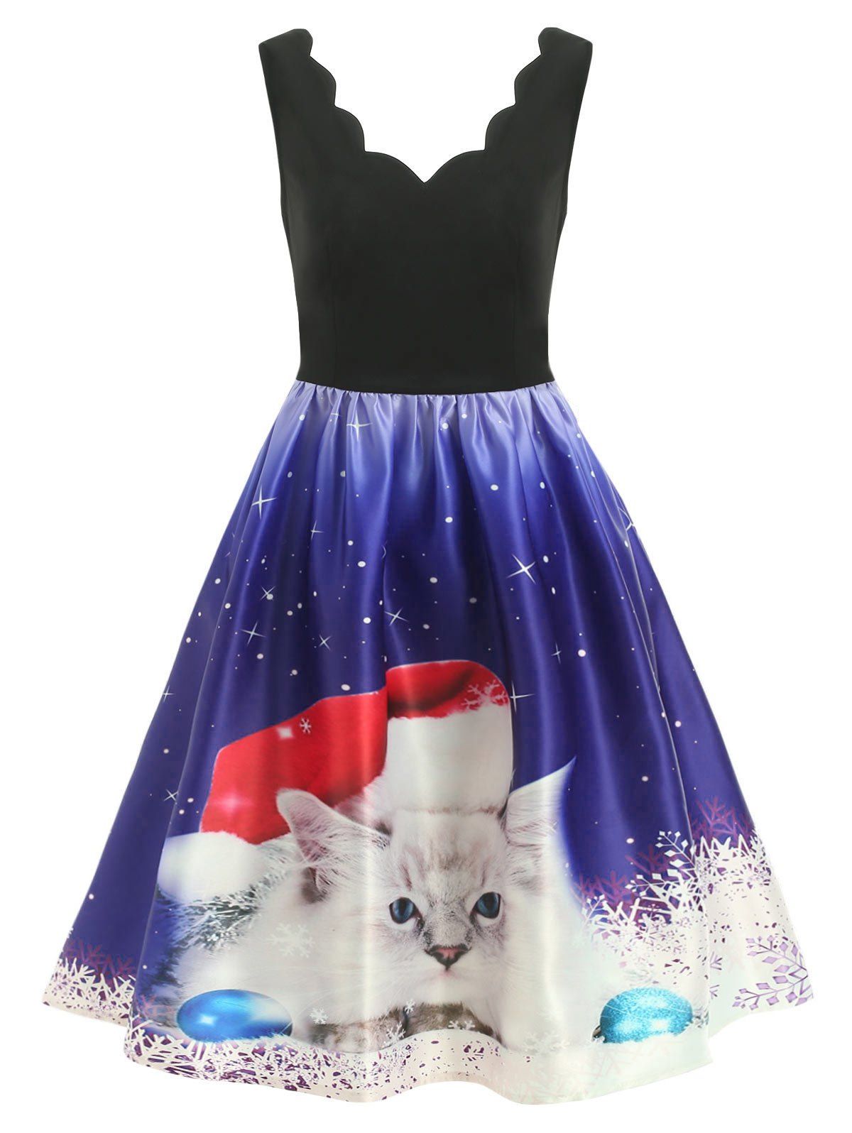 

Christmas Cat Print Sleeveless Scalloped Dress, Black