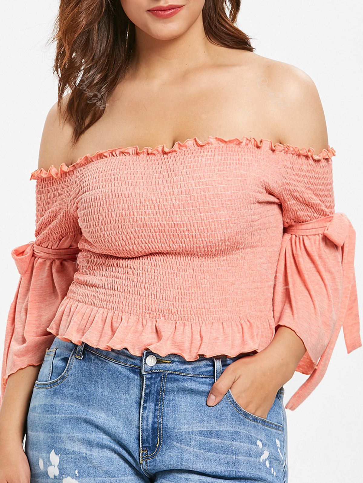 

Plus Size Off Shoulder Flounce Smocked Top, Orange pink