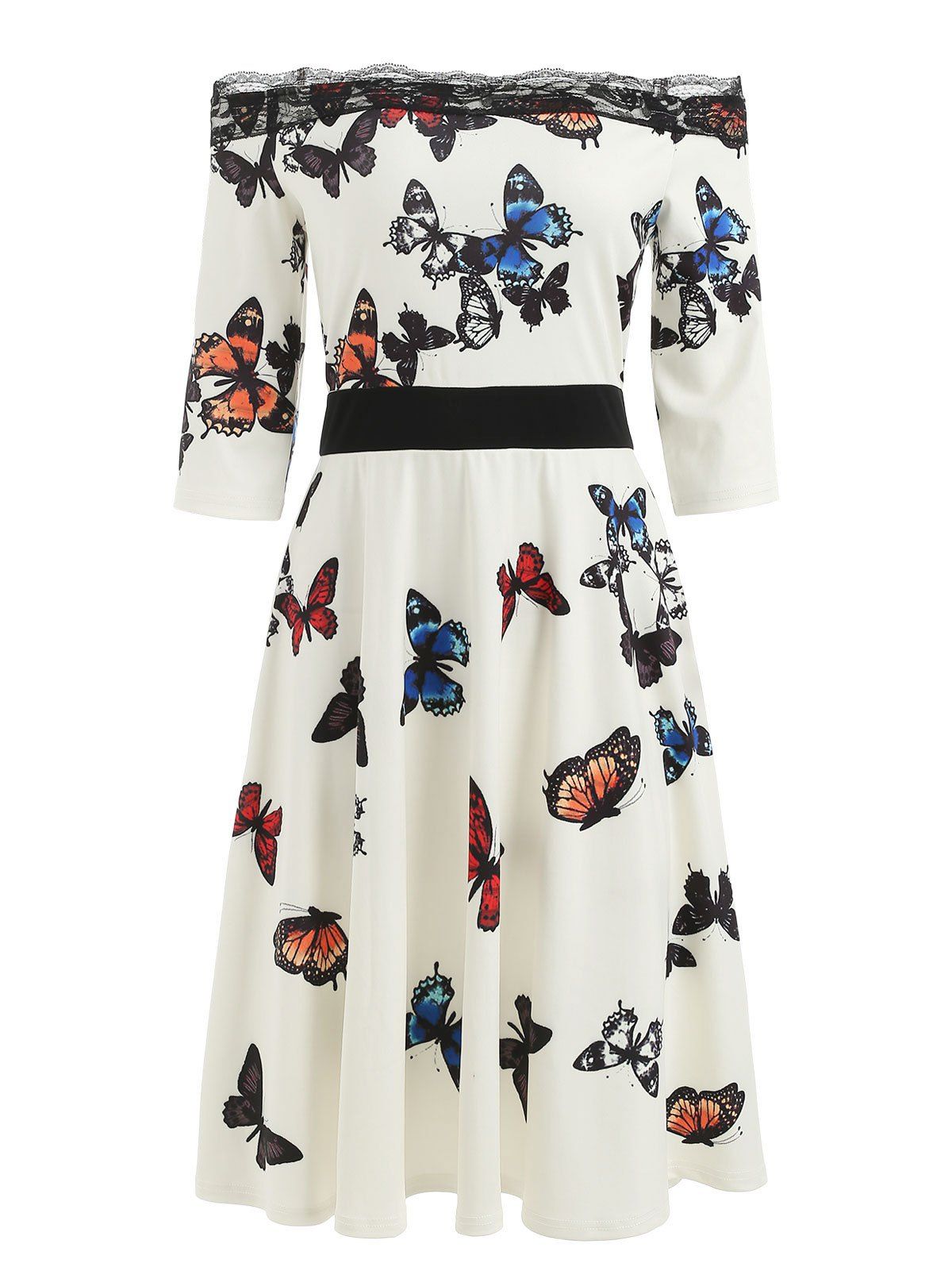 

Butterflies Print Off The Shoulder Dress, Cool white