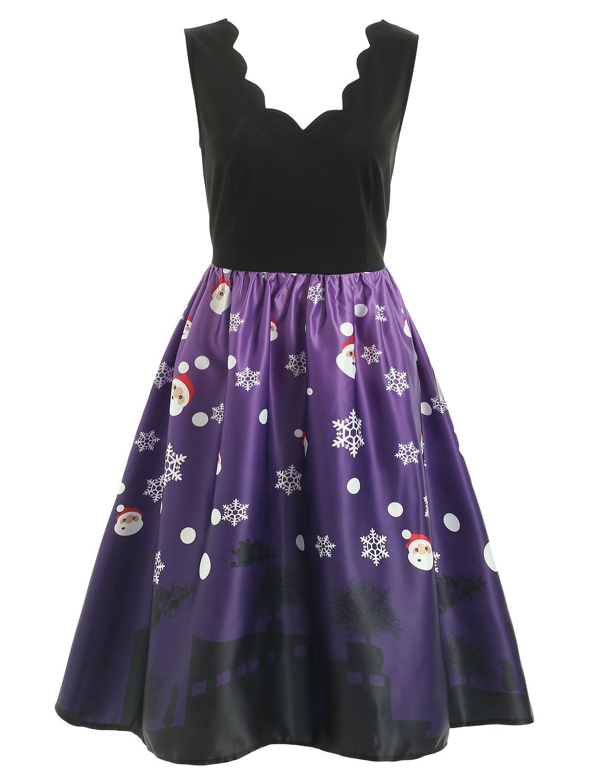 

Christmas Santa Claus Print Sleeveless Scalloped Dress, Purple iris