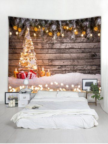 

Wooden Board Background Lights Christmas Tree Print Tapestry, Multi