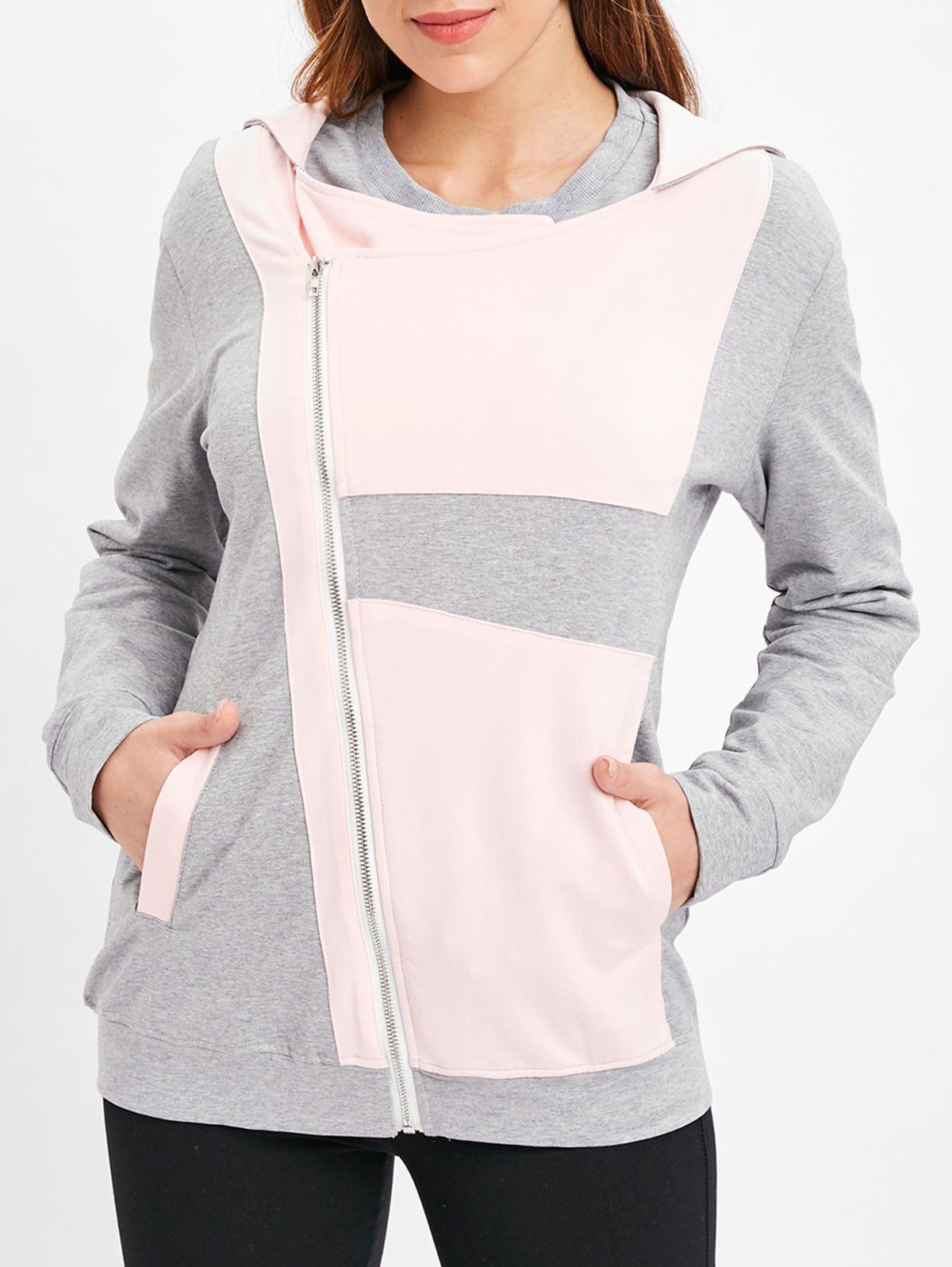 

Color Block Zip Up Tunic Hoodie, Gray