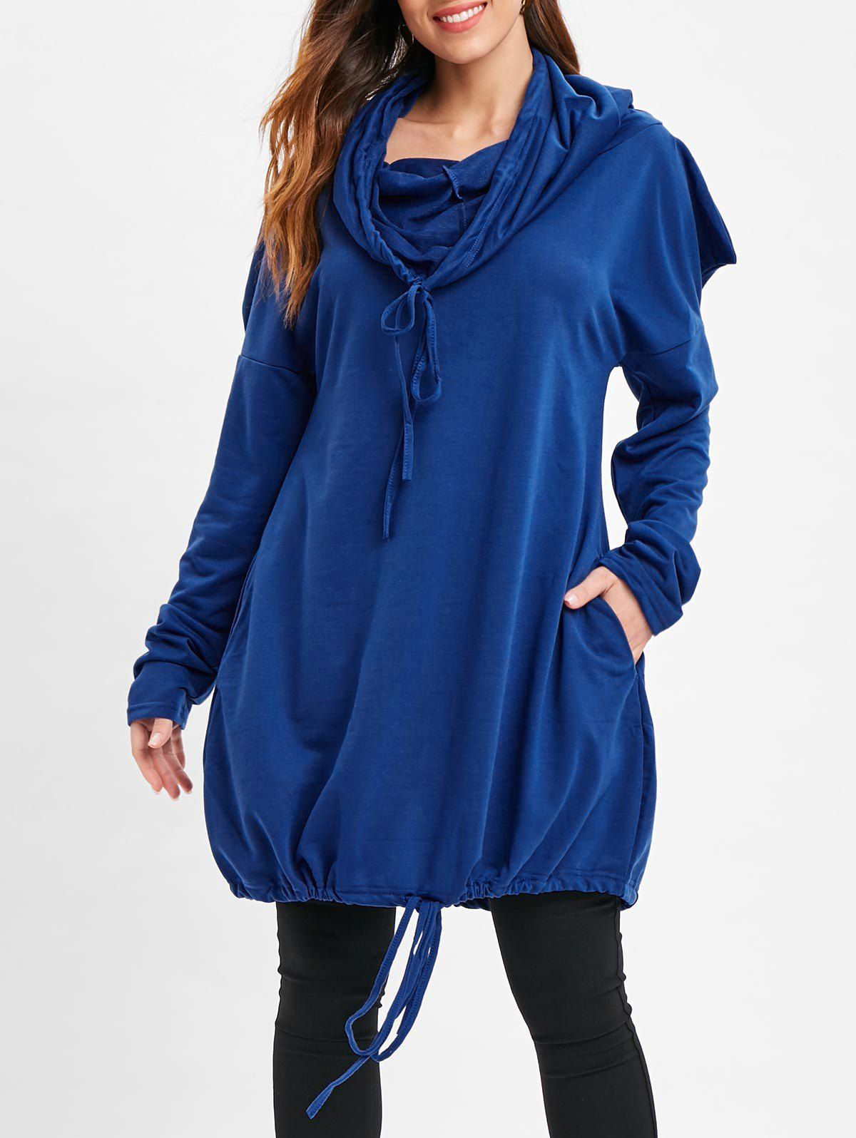 

Longline Drawstring Pocket Plain Hoodie, Blue