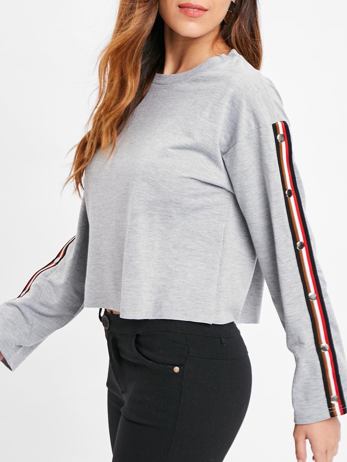 

Stripe Trim Buckle Up Sleeve Crop Sweatshirt, Light gray