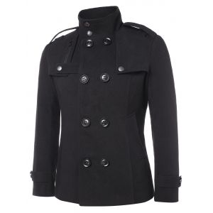 

Solid Double Breasted Stand Collar Coat, Black