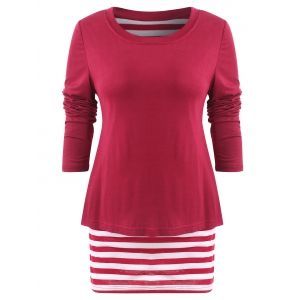 

Striped Panel Long Sleeve Plain T-shirt, Red