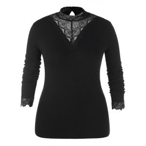 

Plus Size Mock Neck Lace Splicing Slim Fit Top, Black