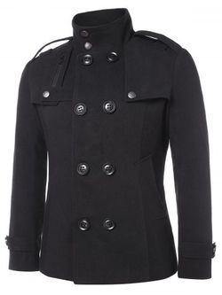 Solid Double Breasted Stand Collar Coat - BLACK - XL