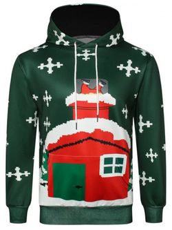 Christmas Creative Red House Printed Hoodie - MEDIUM FOREST GREEN - XS