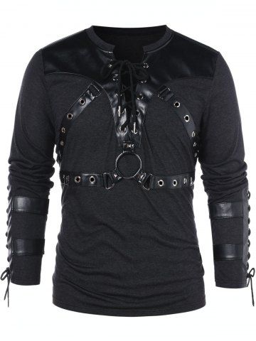 

Lace Up Long Sleeve Casual T-shirt, Black