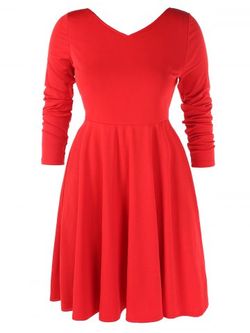 Plus Size V Neck Fit and Flare Dress - RED - L