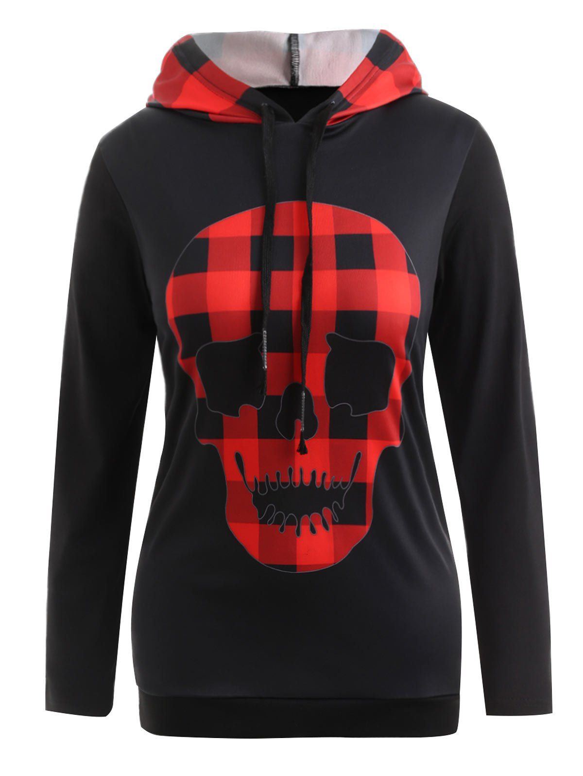 

Halloween Plus Size Skull Patchwork Plaid Hoodie, Black