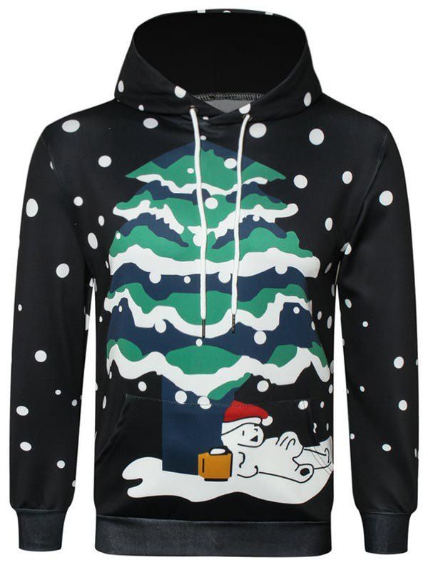 

Christmas Tree Polka Dot Print Kanga Pocket Hoodie, Black