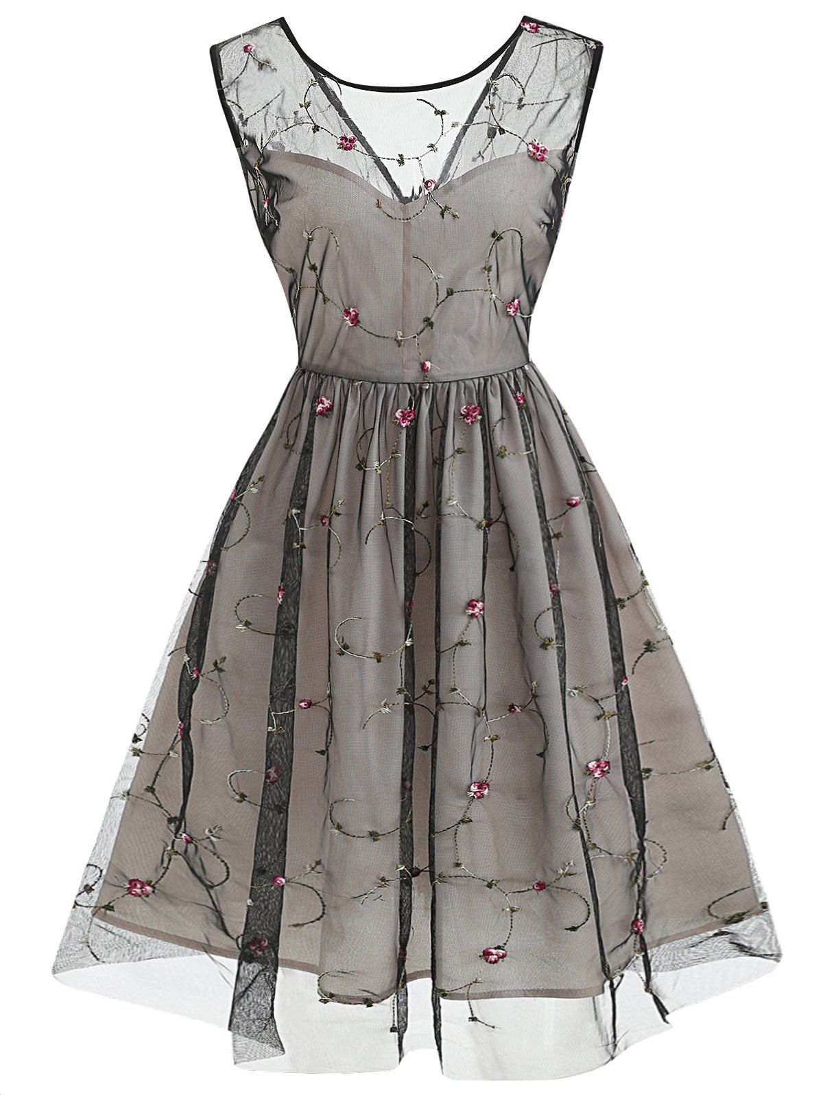 

Tiny Floral Embroidery Sleeveless Dress, Black