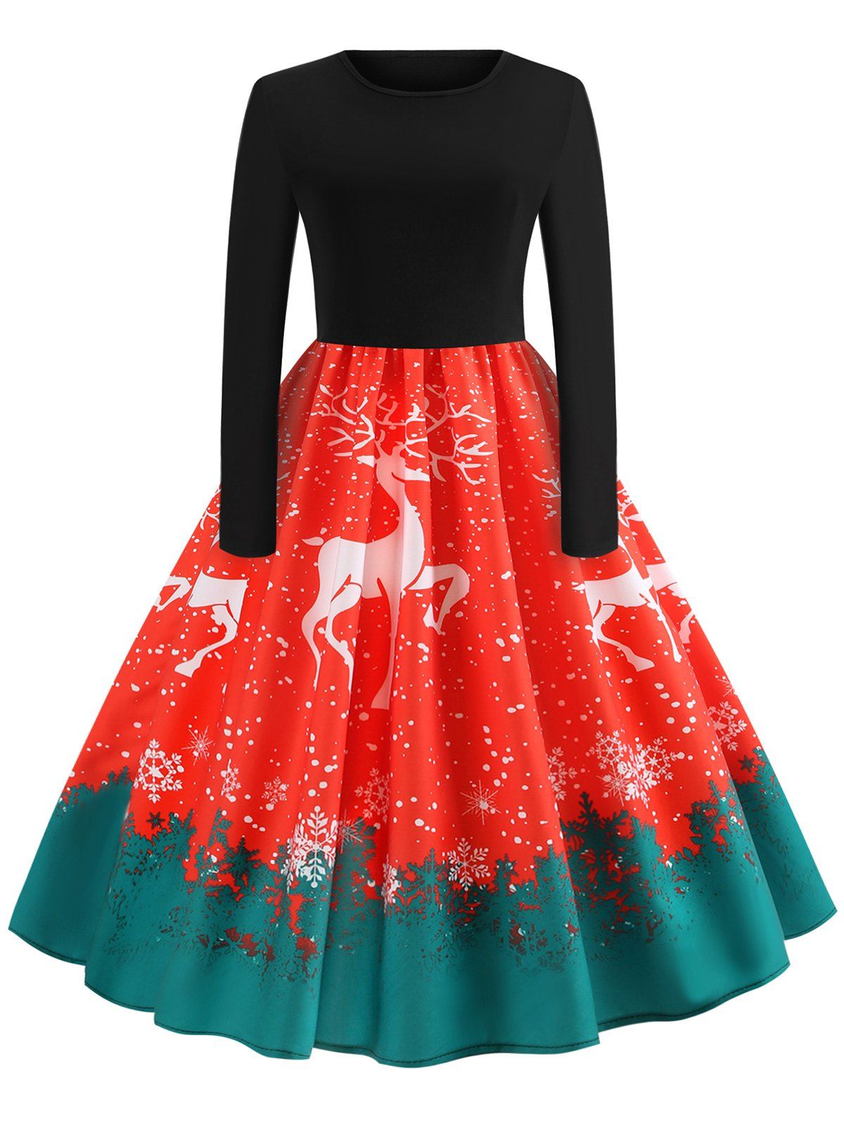 

Christmas Elk Print Fit and Flare Dress, Lava red