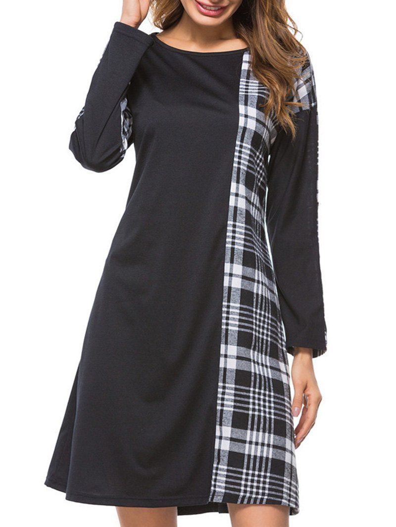

Plaid Insert Mini Shift Dress, Black