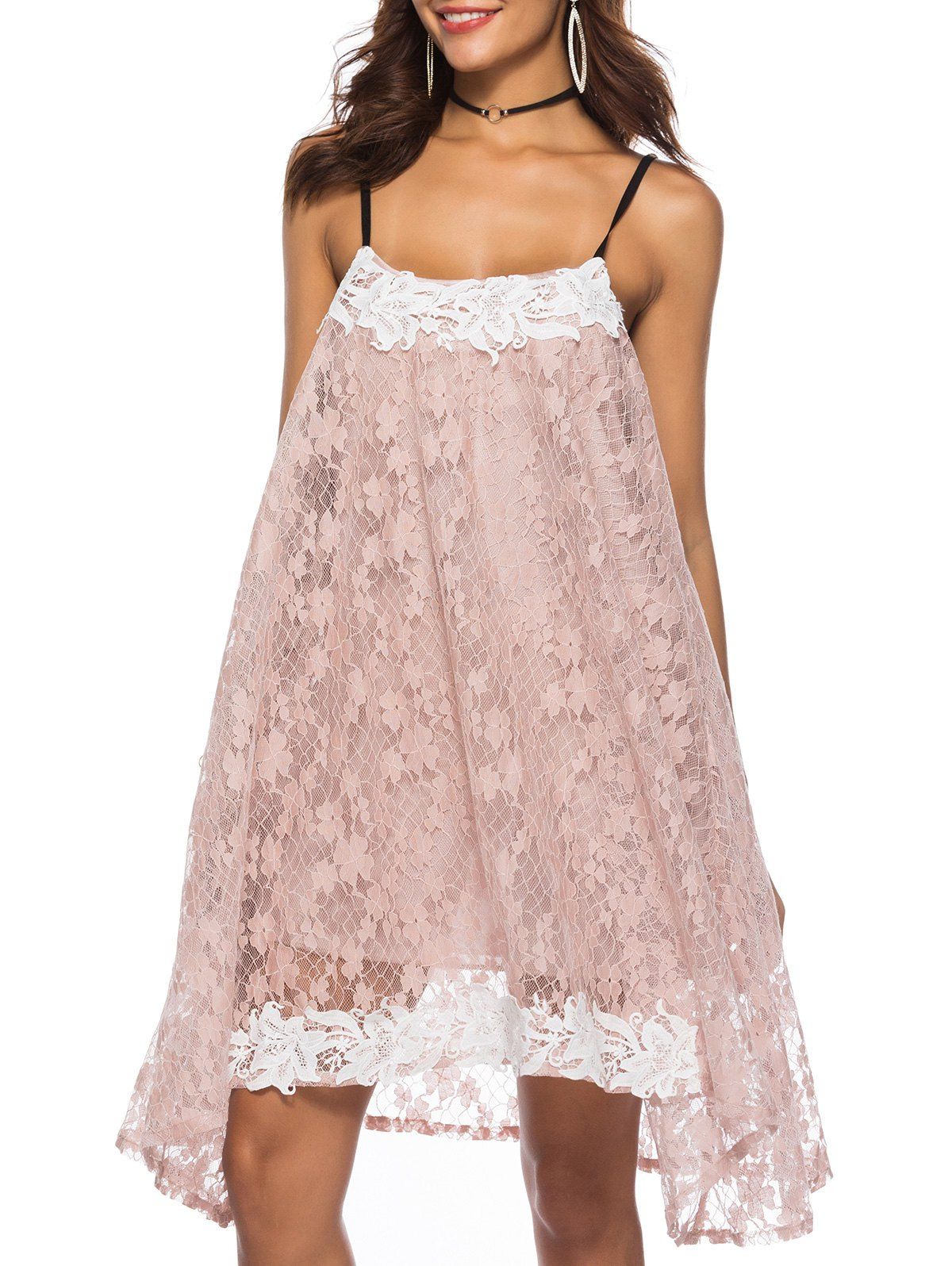 [42 OFF] Spaghetti Strap Contrast Trim Lace Swing Dress Rosegal