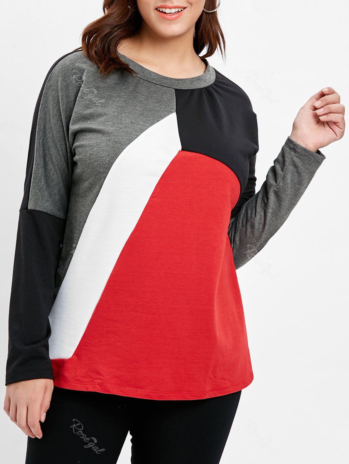 

Color Lump Plus Size Long Sleeve T-shirt, Red
