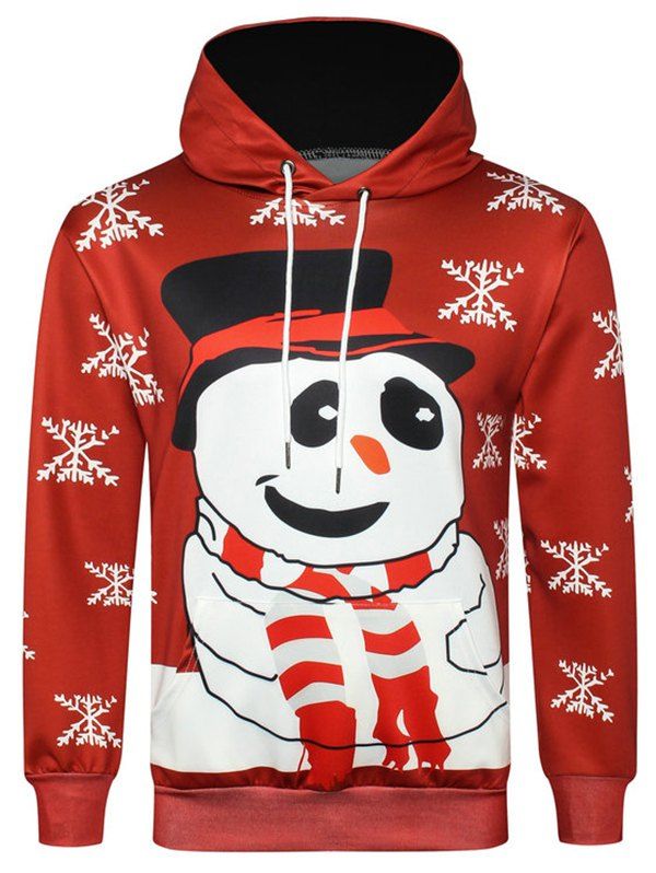 

Christmas Snowman Snowflake Print Drawstring Hoodie, Red