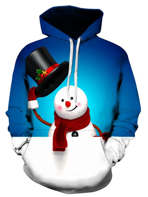 

Cute Snowman Printed Kangaroo Pocket Hoodie, Blueberry blue