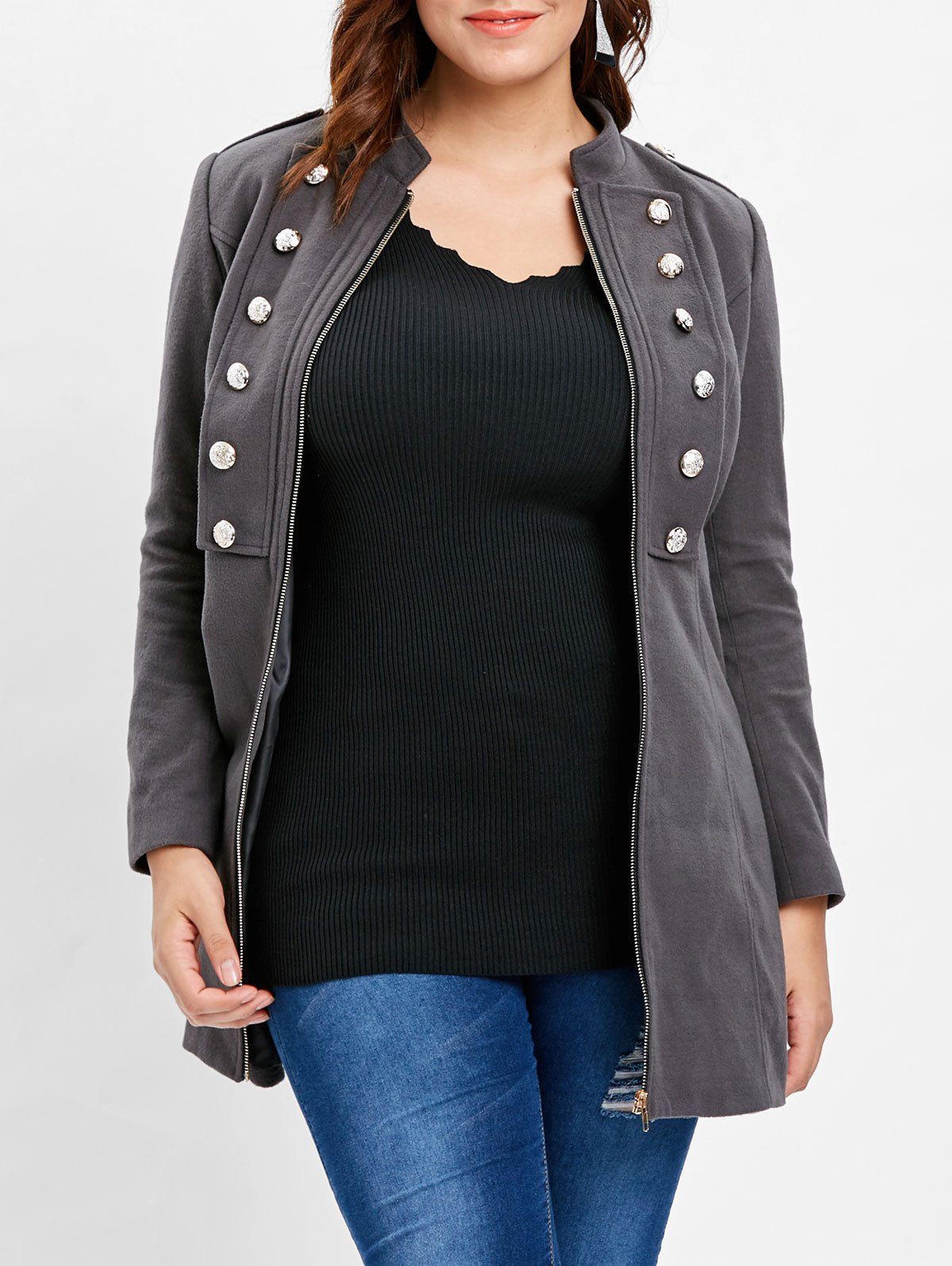 

Button Detail Plus Size Zip Coat, Dark gray