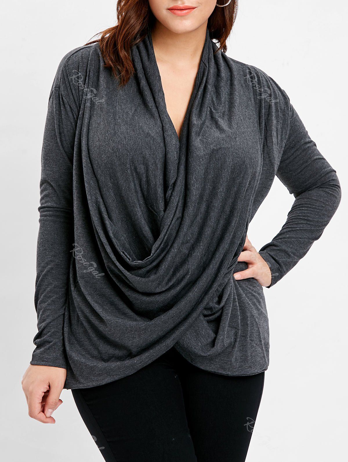 

Long Sleeve Plus Size Draped T-shirt, Dark gray