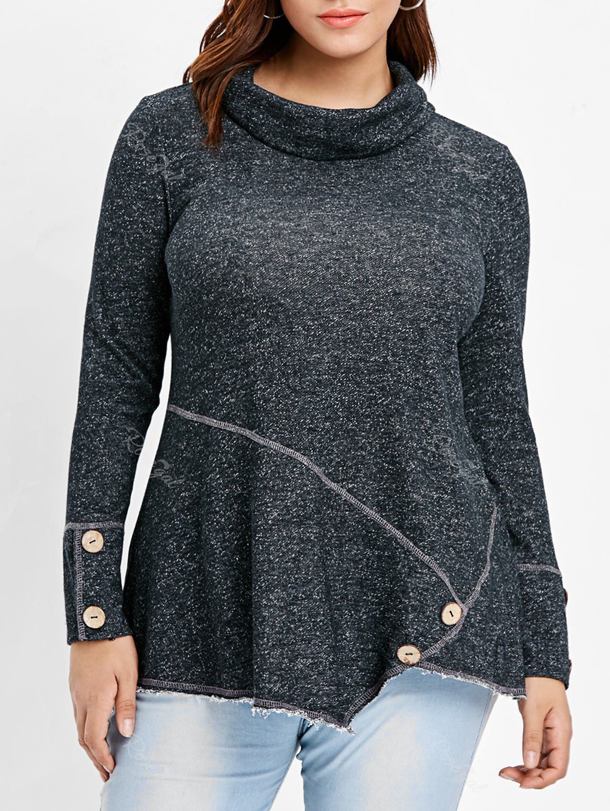 

Turtleneck Plus Size Button Detail Asymmetrical T-shirt, Dark gray