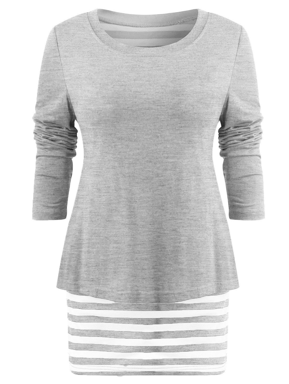 

Striped Panel Long Sleeve Plain T-shirt, Light gray