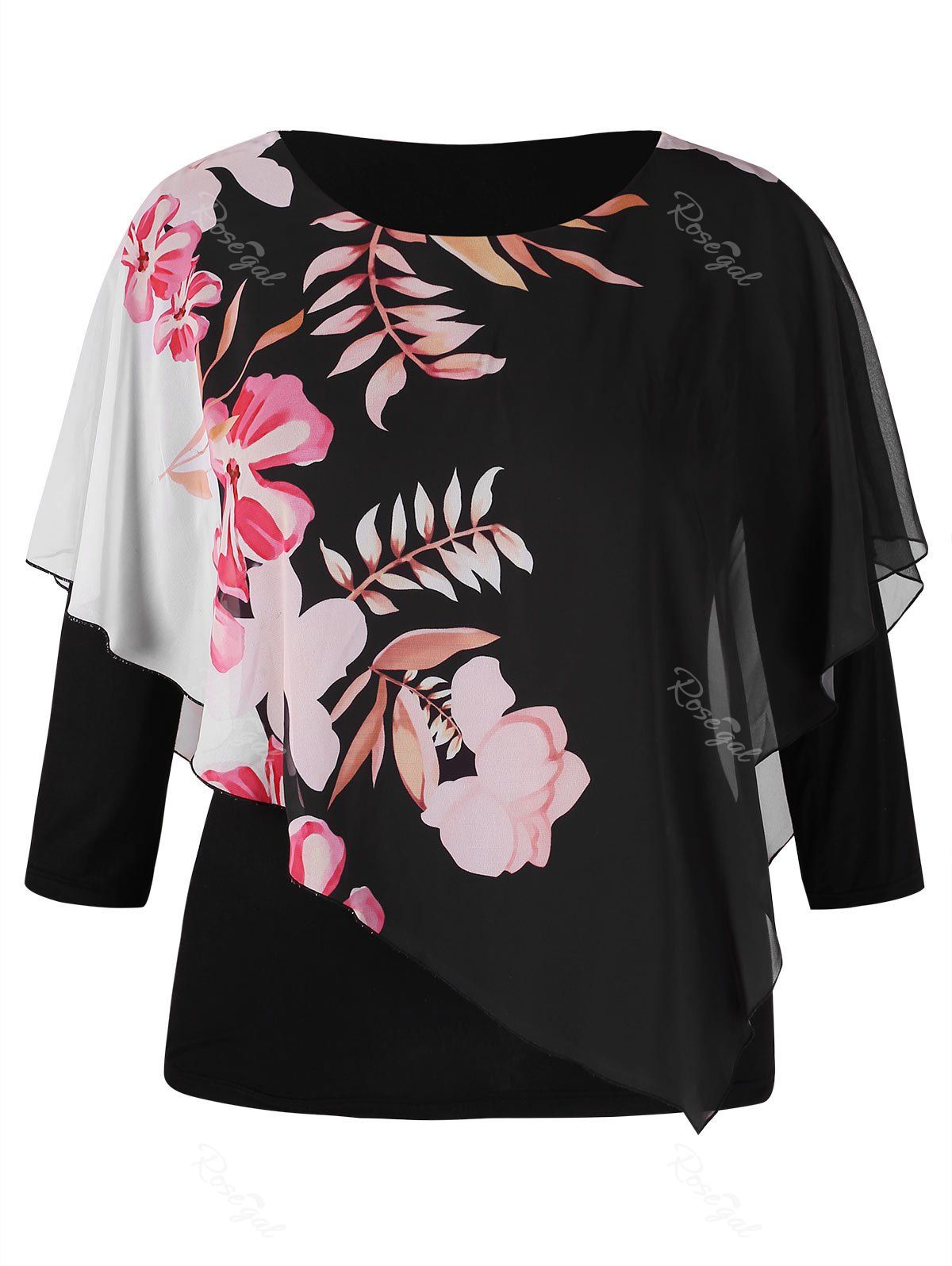 

Plus Size Floral Overlay Tee, Black