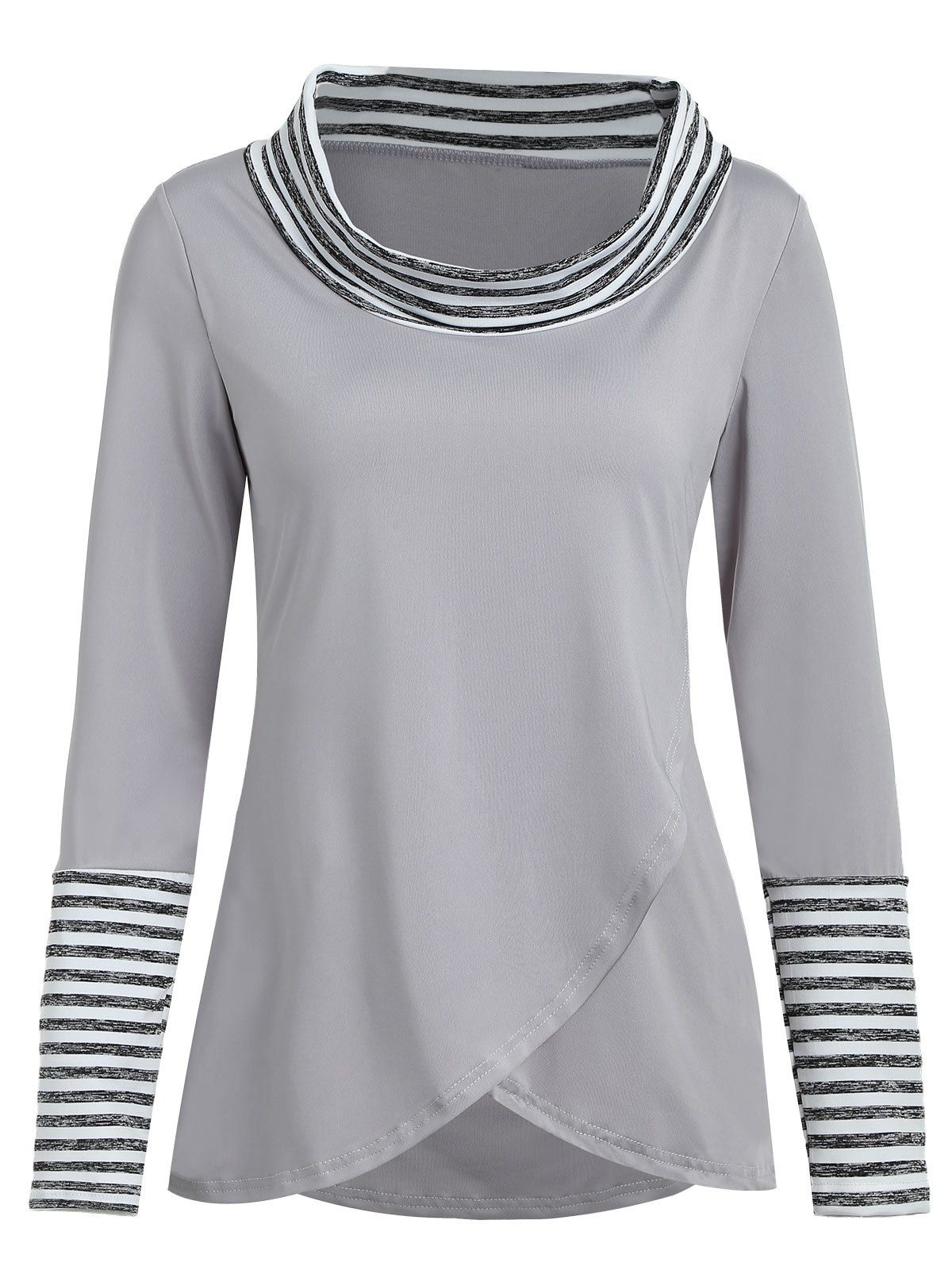 

Cowl Neck Stripes Long Sleeve Tee, Gray