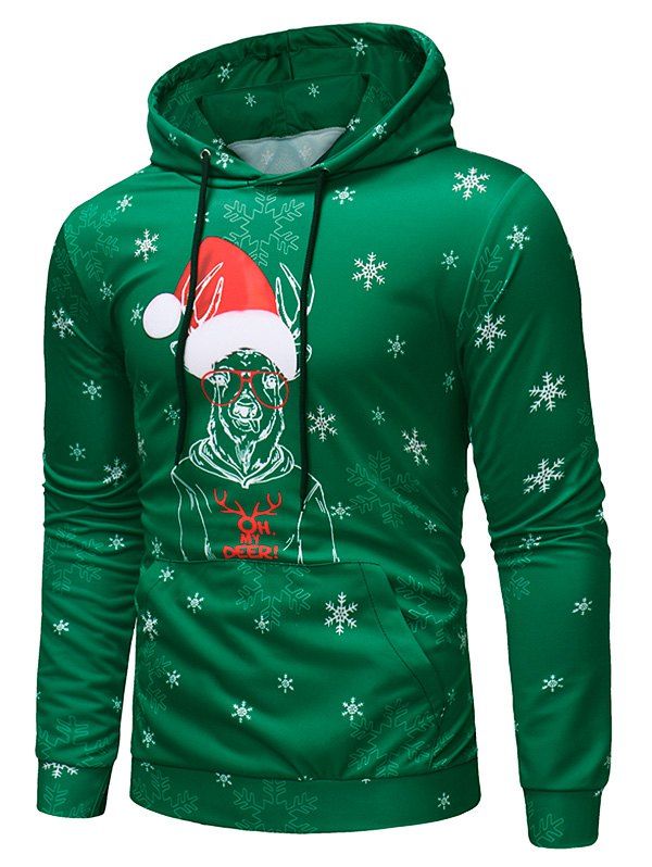 

Deer with Christmas Cap Print Pullover Hoodie, Green