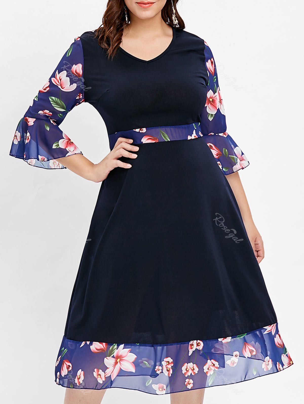 

Flare Sleeve Plus Size Floral Panel Mid Calf Dress, Cadetblue
