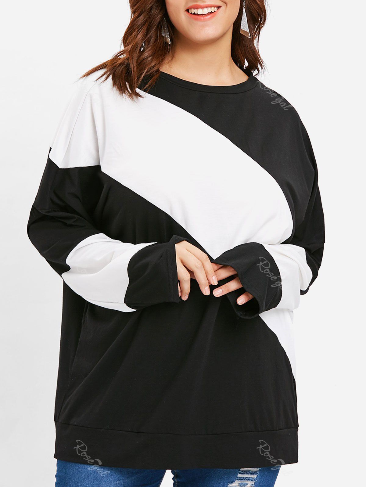 

Two Tone Plus Size Round Neck T-shirt, Black