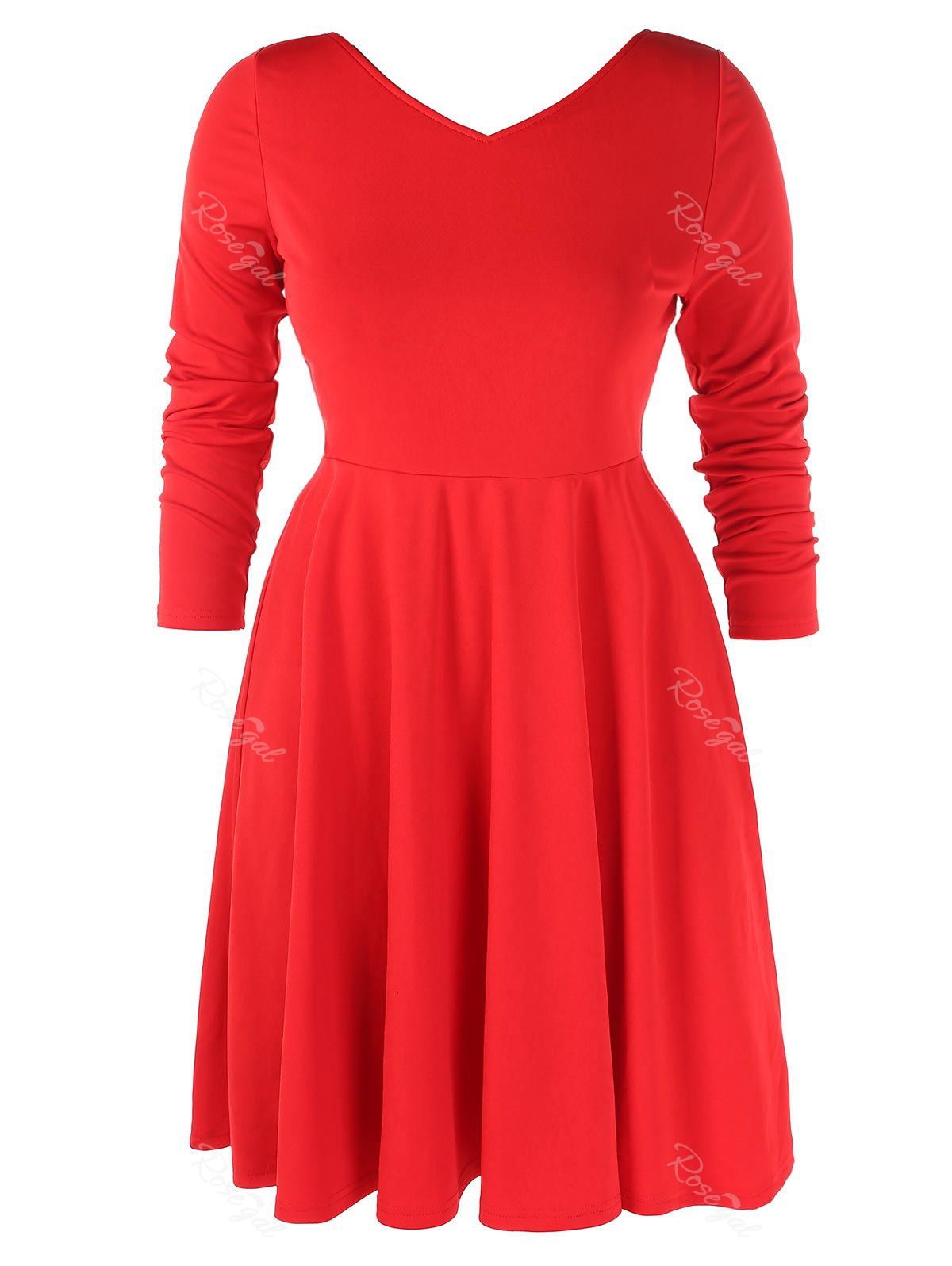 

Plus Size V Neck Fit and Flare Dress, Red