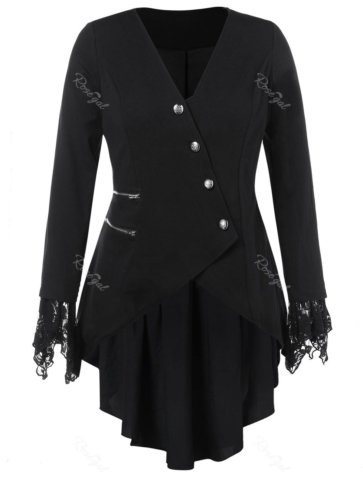 

Lace Panel Plus Size High Low Coat, Black